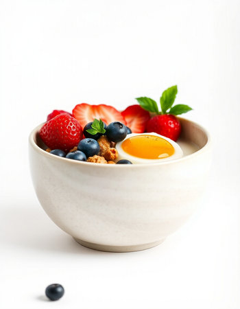 bowl of oatmeal with berries and egg yolk on white background
