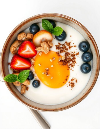 Healthy breakfast with yogurt, berries and egg yolk, top viewの写真素材