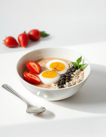 Healthy breakfast bowl with oatmeal, boiled eggs, black beans and strawberries.の写真素材