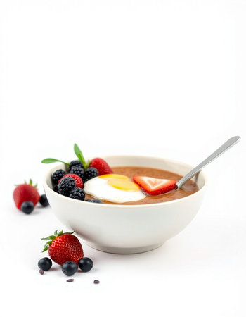 Bowl of oatmeal porridge with fresh berries and egg on white backgroundの写真素材