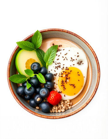 Healthy breakfast with eggs, berries and nuts on a white background