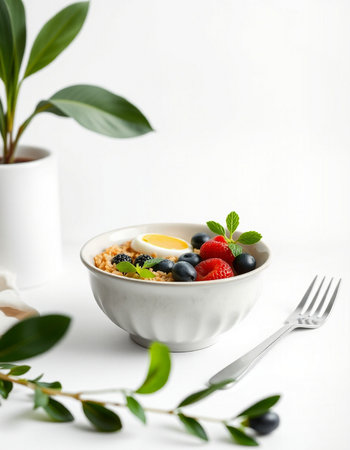 Healthy breakfast with oat granola, berries and mint on white background
