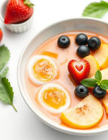 Bowl of fresh fruit smoothie on white background, closeup