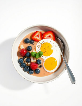 Healthy breakfast bowl with omelet, strawberries and blueberries