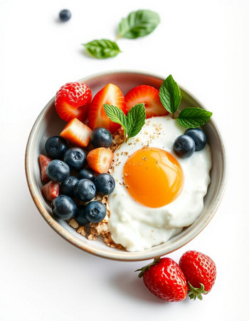 Breakfast with oatmeal, berries and fried egg on white background