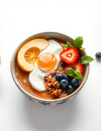 Breakfast bowl with oatmeal, berries and egg on white backgroundの写真素材
