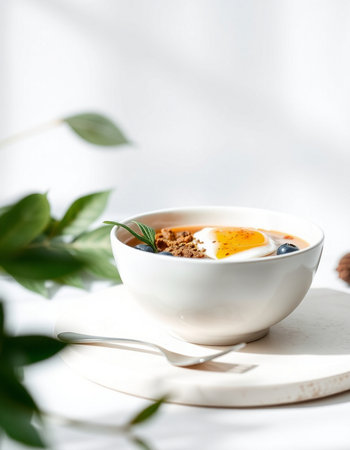 Healthy breakfast with porridge and egg on a light background.の写真素材