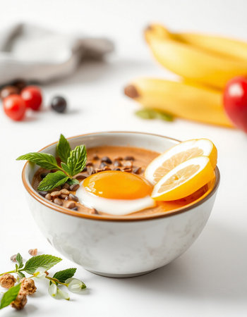 Bowl of buckwheat porridge with egg and berries on white backgroundの写真素材