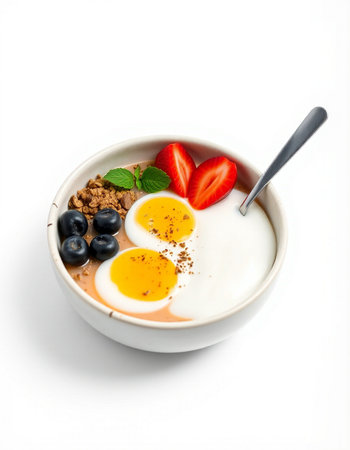 Healthy breakfast with yogurt, berries and eggsの写真素材