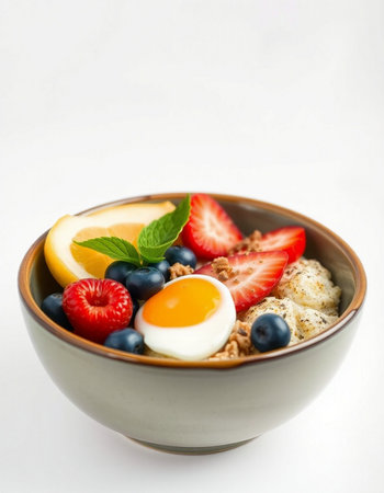 Healthy breakfast bowl with oatmeal, berries and egg on white backgroundの写真素材