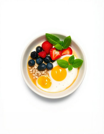 Healthy breakfast with berries and eggs on white backgroundの写真素材