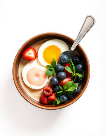 Oatmeal porridge with fresh berries and egg isolated on white background