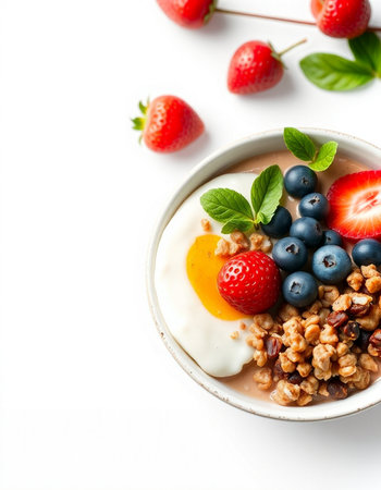Bowl of yogurt with fresh berries and granola on white background
