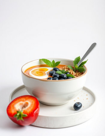 Healthy breakfast bowl with granola, yogurt and berries on white backgroundの写真素材