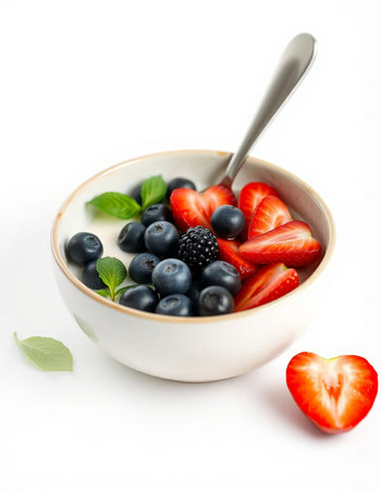 bowl of muesli with strawberries and blueberries isolated on whiteの写真素材