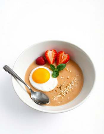 Creamy soup with strawberry and egg in a bowl on white background