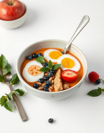 yogurt soup with fresh berries and eggs on a white backgroundの写真素材