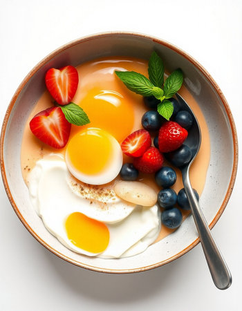 Breakfast with eggs, strawberries, blueberries and mint on white backgroundの写真素材