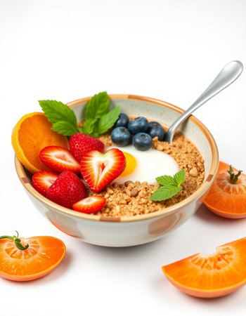 Healthy breakfast with muesli, berries and fruits on white background