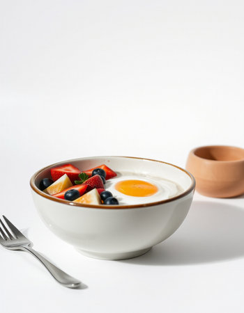 Healthy breakfast with fruits and berries on a white backgroundの写真素材