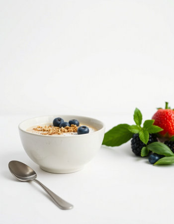 Healthy breakfast with muesli and fresh berries on white backgroundの写真素材