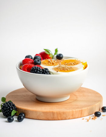 Yogurt with fresh berries in a white bowl on a white backgroundの写真素材
