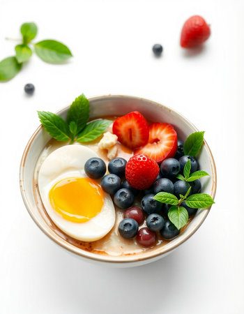 Oatmeal porridge with fresh berries and egg. Healthy breakfast.