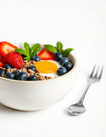 Healthy breakfast with muesli and fresh berries on white backgroundの写真素材