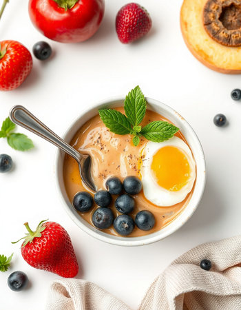 Healthy breakfast bowl with yogurt, egg and fresh berries on white backgroundの写真素材