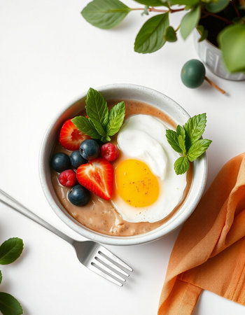 Healthy breakfast with egg, berries and yogurt on white background