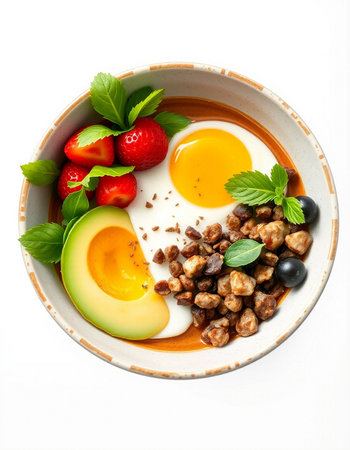 Healthy breakfast with fried eggs, berries and nuts on white background