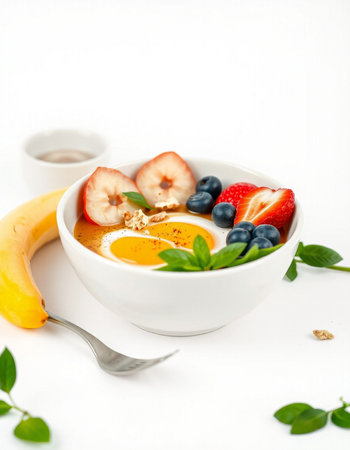 Healthy breakfast bowl with oatmeal, banana, berries and honey on white backgroundの写真素材