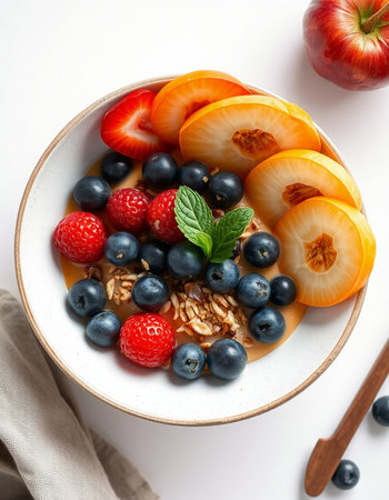 Healthy breakfast bowl with oatmeal, fresh berries and fruits.