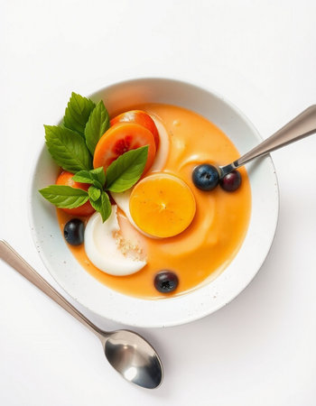 Panna cotta with fresh berries on white backgroundの写真素材