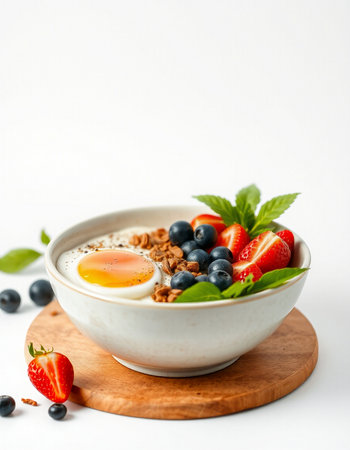 Healthy breakfast with granola, yogurt and berries on white background