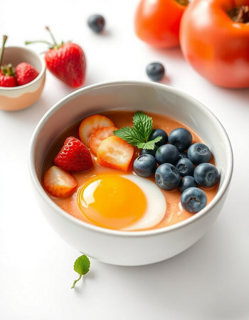Breakfast bowl with omelet, strawberries and blueberries on white background