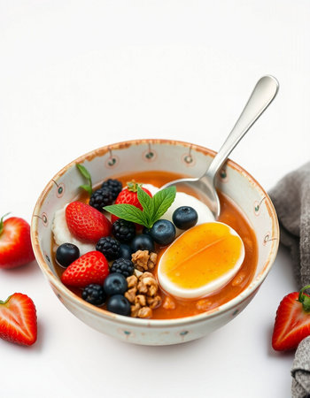 Healthy breakfast with yogurt, berries and soft boiled egg on a white backgroundの写真素材