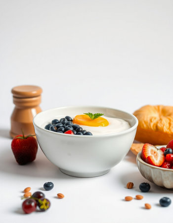 Healthy breakfast with yogurt, berries and croissant on white backgroundの写真素材