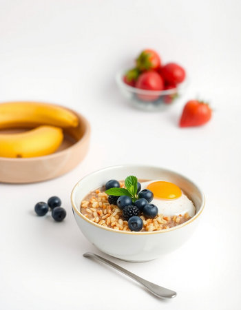 Oatmeal porridge with fresh berries and egg in bowl on white backgroundの写真素材