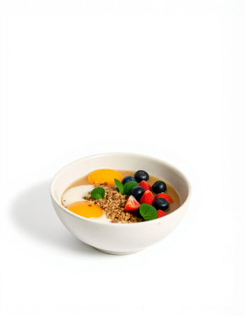 Bowl of oatmeal with berries isolated on a white background.の写真素材