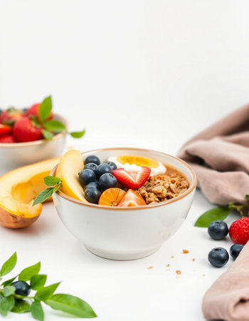 Healthy breakfast with muesli and berries on white background.