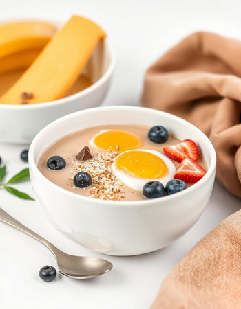 Healthy breakfast. Oatmeal porridge with strawberries and blueberries on white backgroundの写真素材