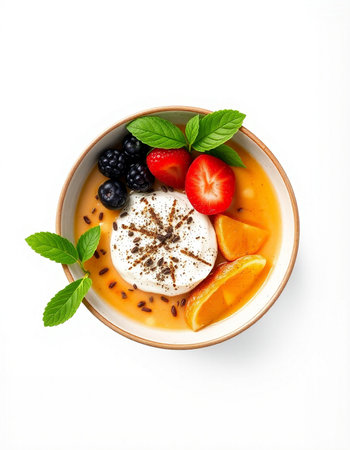 Bowl with a creamy yogurt base topped with fresh berries and a dollop of whipped cream, isolated on white backgroundの写真素材