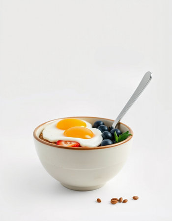 Fried eggs in a bowl with blueberries and strawberries on a white backgroundの写真素材