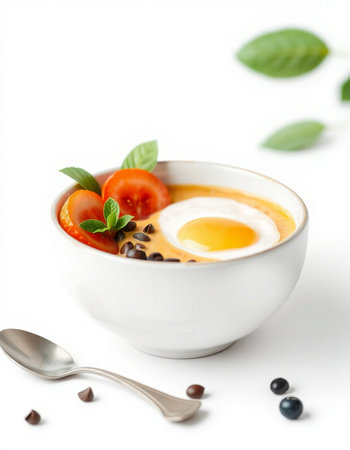 Creamy soup with egg, tomato and basil on white backgroundの写真素材
