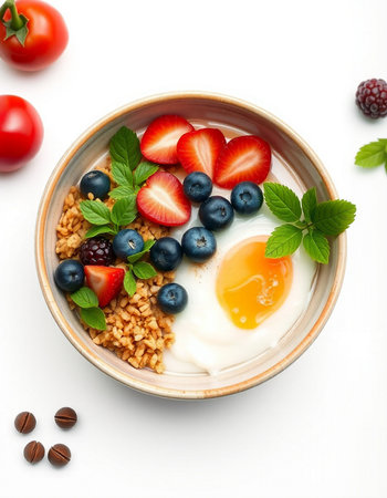 Healthy breakfast with oatmeal, berries and egg on white background