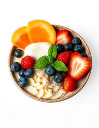 Healthy breakfast bowl with yogurt, strawberries, blueberriesの写真素材