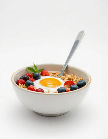 bowl of muesli with fresh berries and fried egg on white background