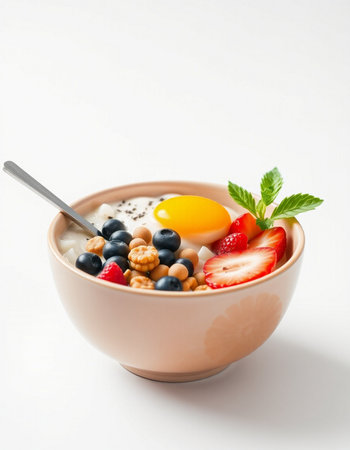 Bowl of oatmeal with fresh berries and egg on white background