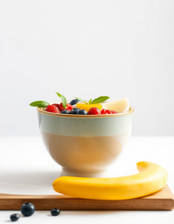 Healthy breakfast. Fresh fruit salad in bowl on white background.